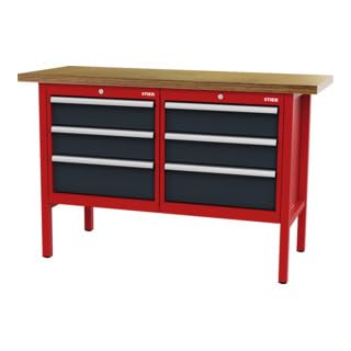 STIER Werkbank mit 6 Schubladen BxTxH 1500x600x960 mm RAL 3020 / RAL 7016