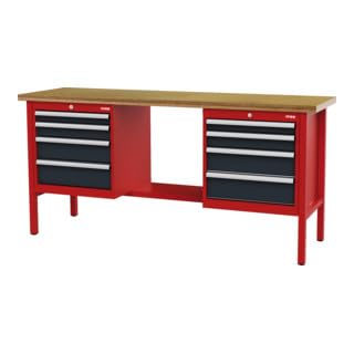 STIER Werkbank mit 8 Schubladen BxTxH 2000x600x960 mm RAL 3020 / RAL 7016