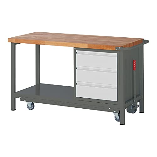 STIER Werkbank Premium mit abs. Fahrgestell und 3 Schubladen BxTxH 1500x700x880