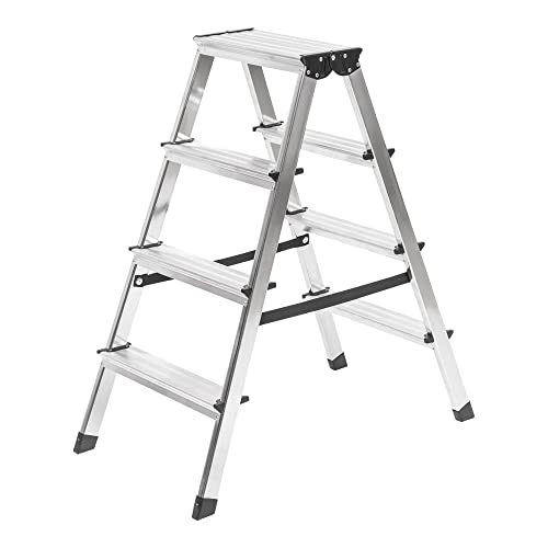 STIER Stufen Stehleiter 2x4 Sufen beidseitig begehbar, Alu-Sicherheits-Stehleiter, Mehrzweckleiter