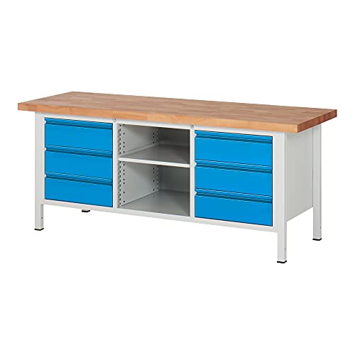 STIER Height-adjustable workbench Premium with 1 drawer WxDxH 1500x700x840-1040mm RAL 7035 / RAL 5012