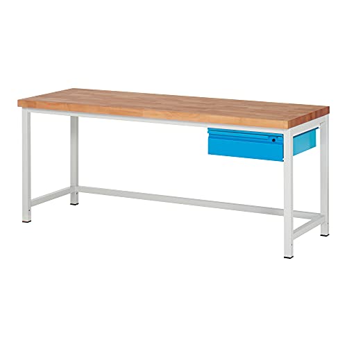 STIER Height-adjustable workbench Premium with 1 drawer WxDxH 1500x700x840-1040mm RAL 7035 / RAL 5012