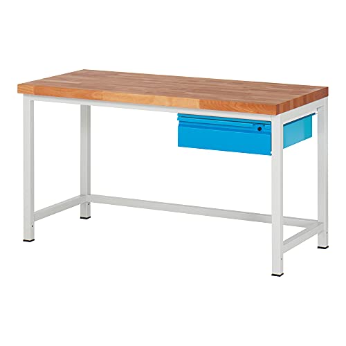 STIER Height-adjustable workbench Premium with 1 drawer WxDxH 1500x700x840-1040mm RAL 7035 / RAL 5012