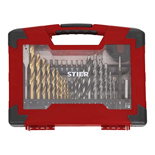 STIER TiN-Bohrer-Set Säge-Set und Bit-Set 100-teilig Titaniumnitrid Holzbohrer