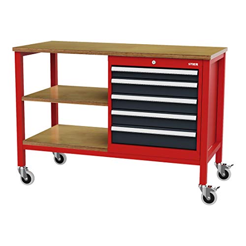 STIER Mobile workbench with 4 drawers and 2 wooden shelves WxDxH 1300x600x960 mm RAL 3020 / RAL 7016