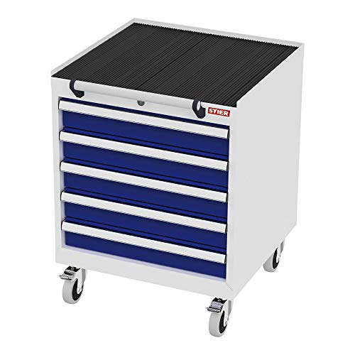 STIER Mobile drawer cabinet with 5 drawers WxDxH 600x575x790 mm light grey/gentian blue, RAL 7035 / RAL 5010