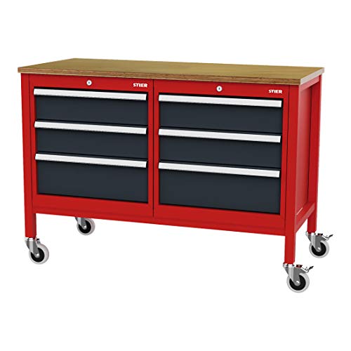 STIER Mobile workbench with 4 drawers and 2 wooden shelves WxDxH 1300x600x960 mm RAL 3020 / RAL 7016