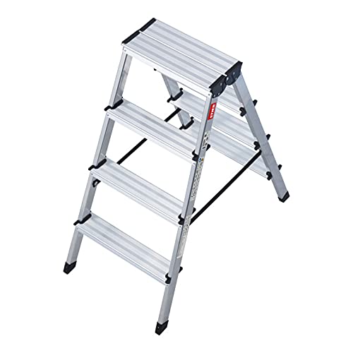 STIER Stufen Stehleiter 2x4 Sufen beidseitig begehbar, Alu-Sicherheits-Stehleiter, Mehrzweckleiter
