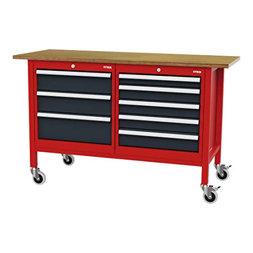 STIER Mobile workbench with 4 drawers and 2 wooden shelves WxDxH 1300x600x960 mm RAL 3020 / RAL 7016