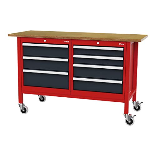 STIER Mobile workbench with 4 drawers and 2 wooden shelves WxDxH 1300x600x960 mm RAL 3020 / RAL 7016