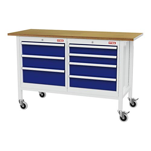 STIER Mobile workbench with 4 drawers and 2 wooden shelves WxDxH 1300x600x960 mm RAL 7035 / RAL 5010
