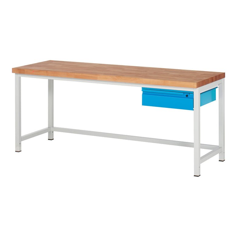 STIER Height-adjustable workbench Premium with 1 drawer WxDxH 1500x700x840-1040mm RAL 7035 / RAL 5012