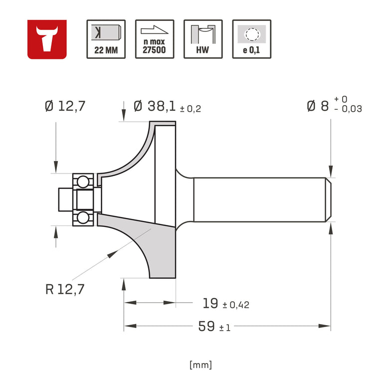 STIER Abrundfräser D38,1 x R12,7 x S8 mm HM (HW)