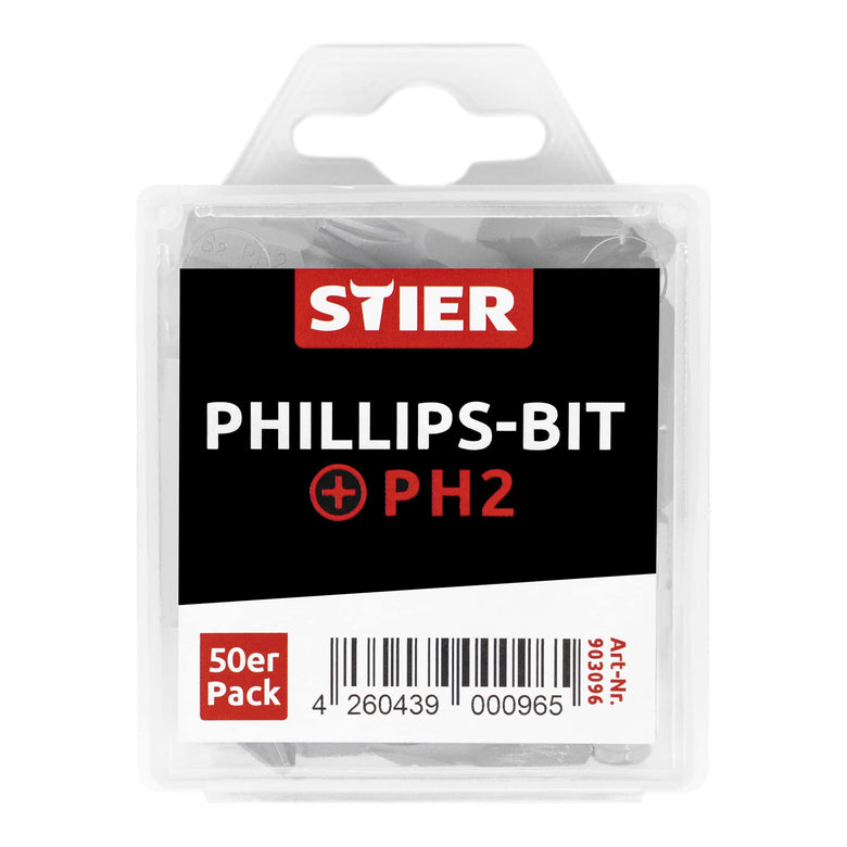 STIER Phillips bit bulk pack PH1 to PH2 50 pieces drive 1/4 25 mm length