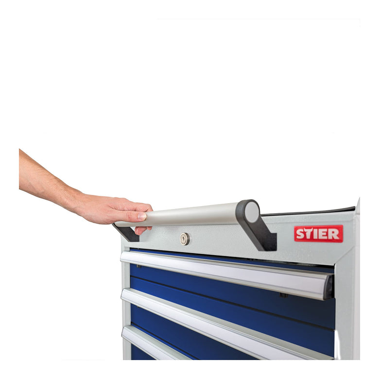 STIER Mobile drawer cabinet with 5 drawers WxDxH 600x575x790 mm light grey/gentian blue, RAL 7035 / RAL 5010