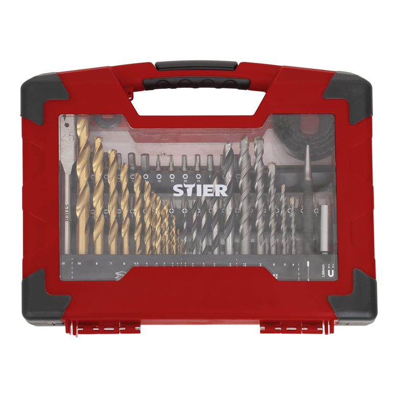 STIER TiN drill set, saw set and bit set 100 pieces, titanium nitride wood drill
