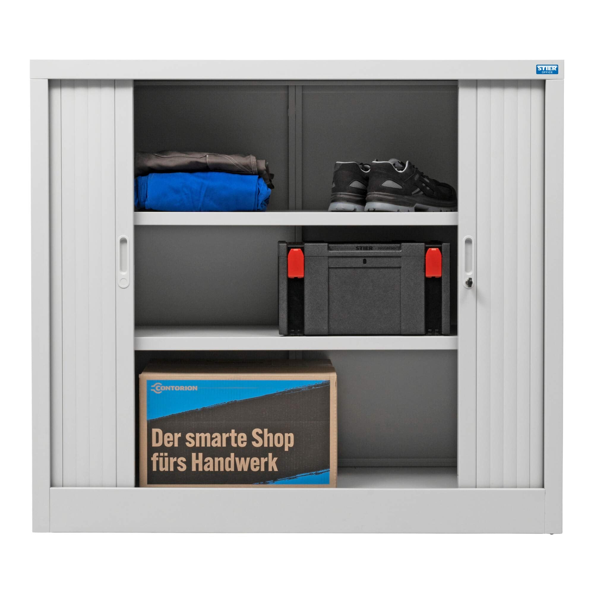 STIER roller shutter cabinet with 2 to 3 shelves various sizes light grey