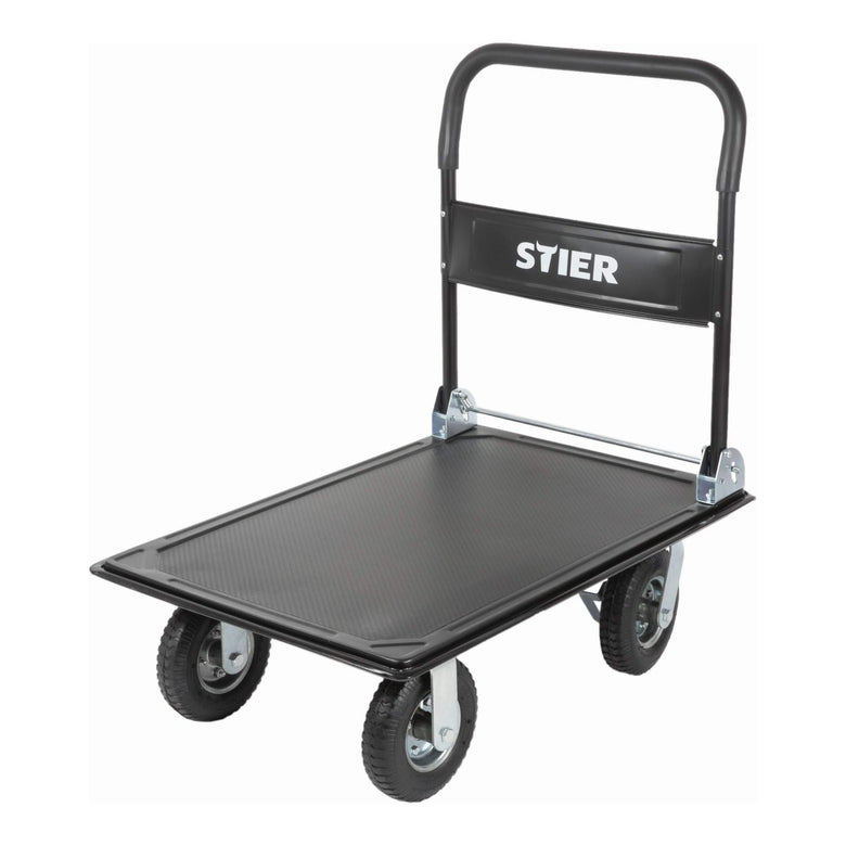STIER platform trolley load capacity 300kg pneumatic tires parking brake