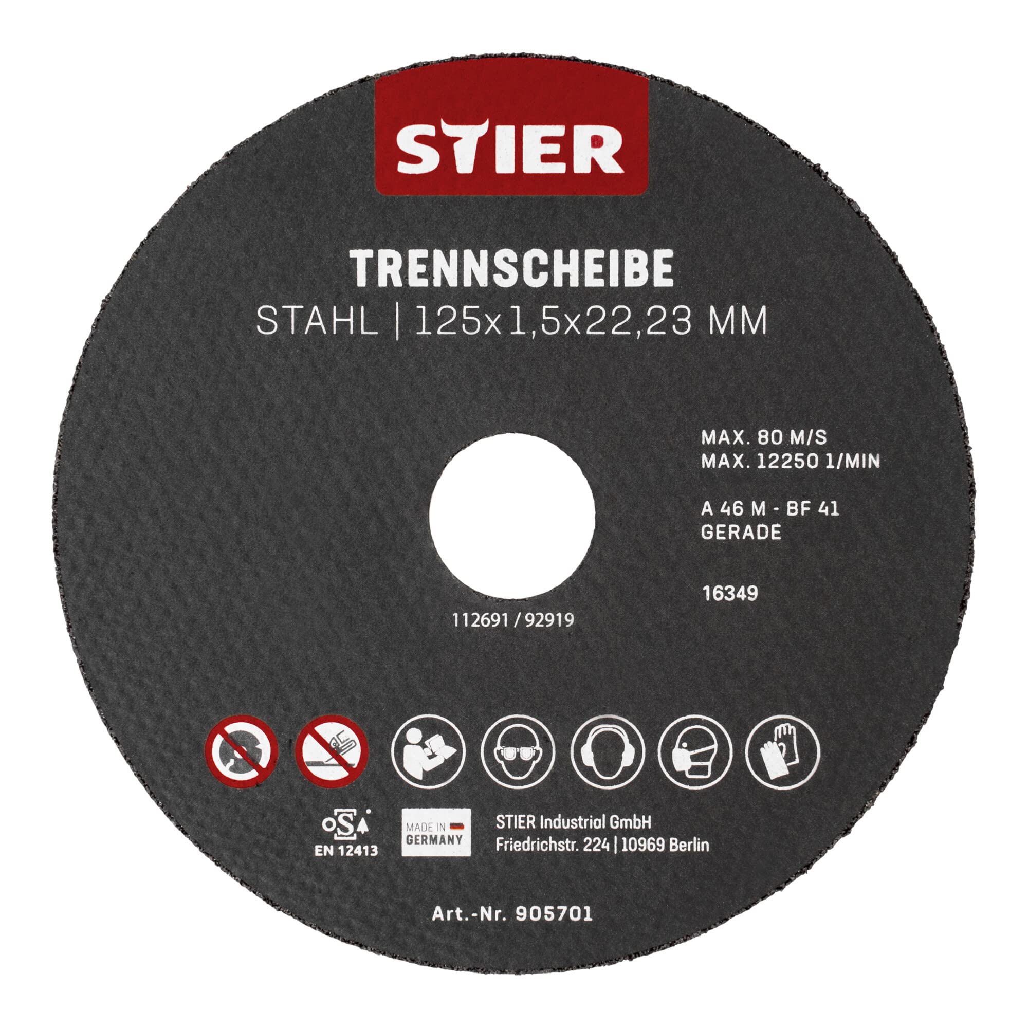 STIER cutting discs made of steel, dimensions: 125 x 1.5 x 22.23; shape 41; straight design;