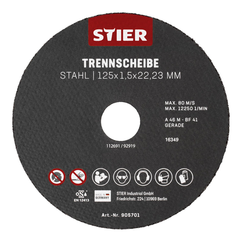 STIER cutting discs made of steel, dimensions: 125 x 1.5 x 22.23; shape 41; straight design;