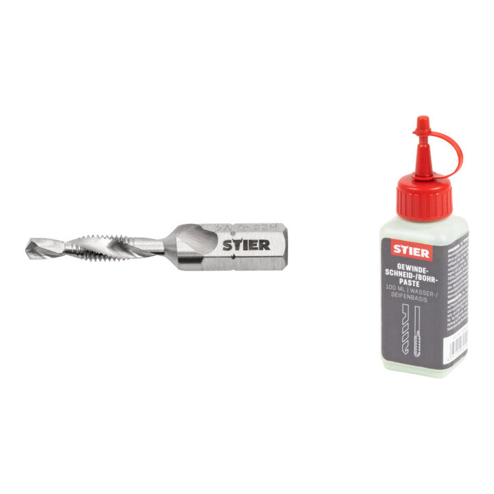 Set Stier STIER Kombigewindebohrer Bit M4 DIN 3126 HSS-G 1/4-Sechskant + STIER Gewindeschneidpaste Bohrpaste 100 ml Wasser-/ Seifenbasis