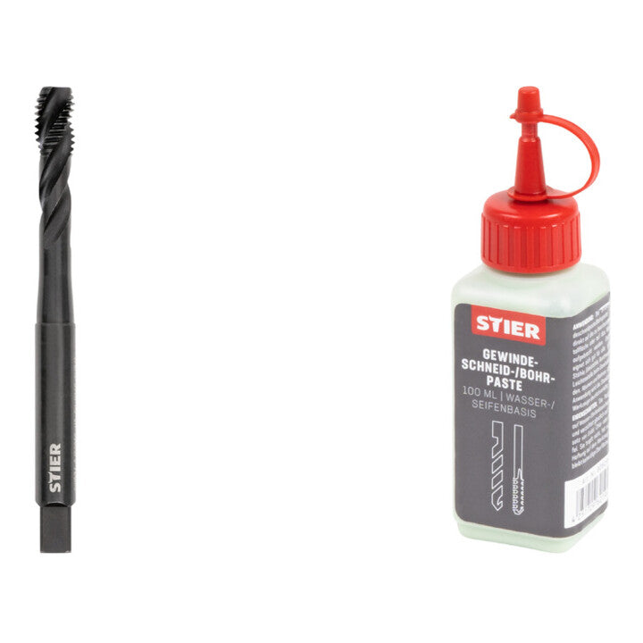 Set Stier STIER Maschinengewindebohrer M8 Vaporisiert DIN 371 Form C/RSP35° HSSE + STIER Gewindeschneidpaste Bohrpaste 100 ml Wasser-/ Seifenbasis