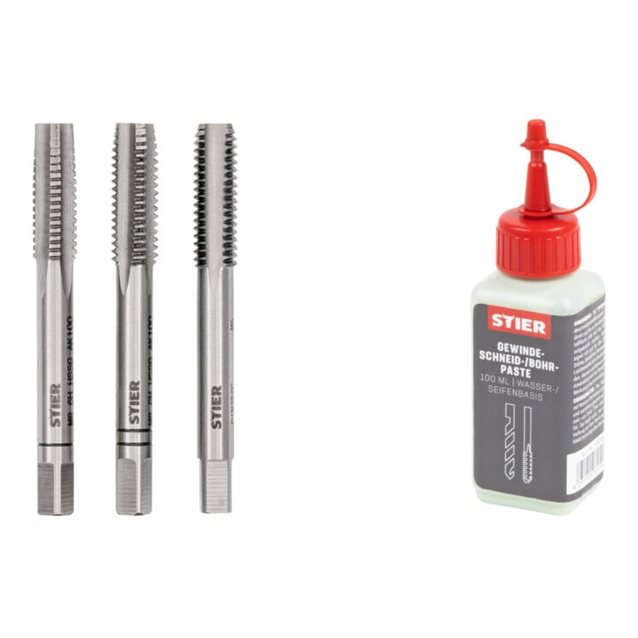 Set Stier STIER Handgewindebohrer Satz 3-tlg. DIN 352 HSS-G M 8 + STIER Gewindeschneidpaste Bohrpaste 100 ml Wasser-/ Seifenbasis