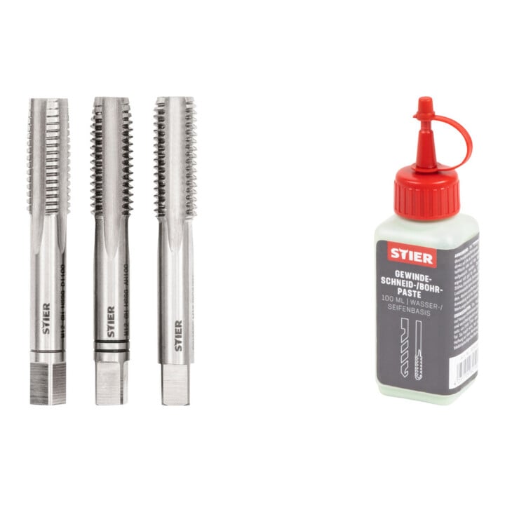 Set Stier STIER Handgewindebohrer Satz 3-tlg. DIN 352 HSS-G M 12 + STIER Gewindeschneidpaste Bohrpaste 100 ml Wasser-/ Seifenbasis