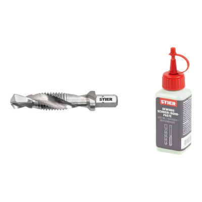 Set Stier STIER Kombigewindebohrer Bit M10 DIN 3126 HSS-G 1/4-Sechskant + STIER Gewindeschneidpaste Bohrpaste 100 ml Wasser-/ Seifenbasis