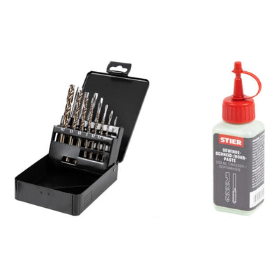 Set Stier STIER Maschinengewindebohrer-Satz HSSE Co5 M3-12 Form B 14-tlg. + STIER Gewindeschneidpaste Bohrpaste 100 ml Wasser-/ Seifenbasis