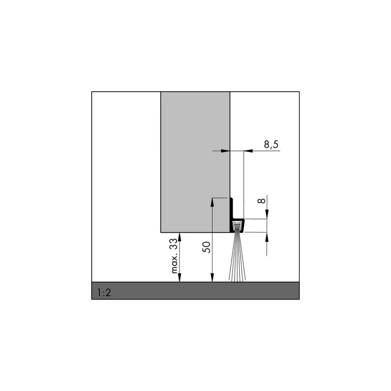 Bürstendichtung L.1000mm B.8,5mm Gesamt-H.50mm m.strapazierfähiger Bürs.ELLEN