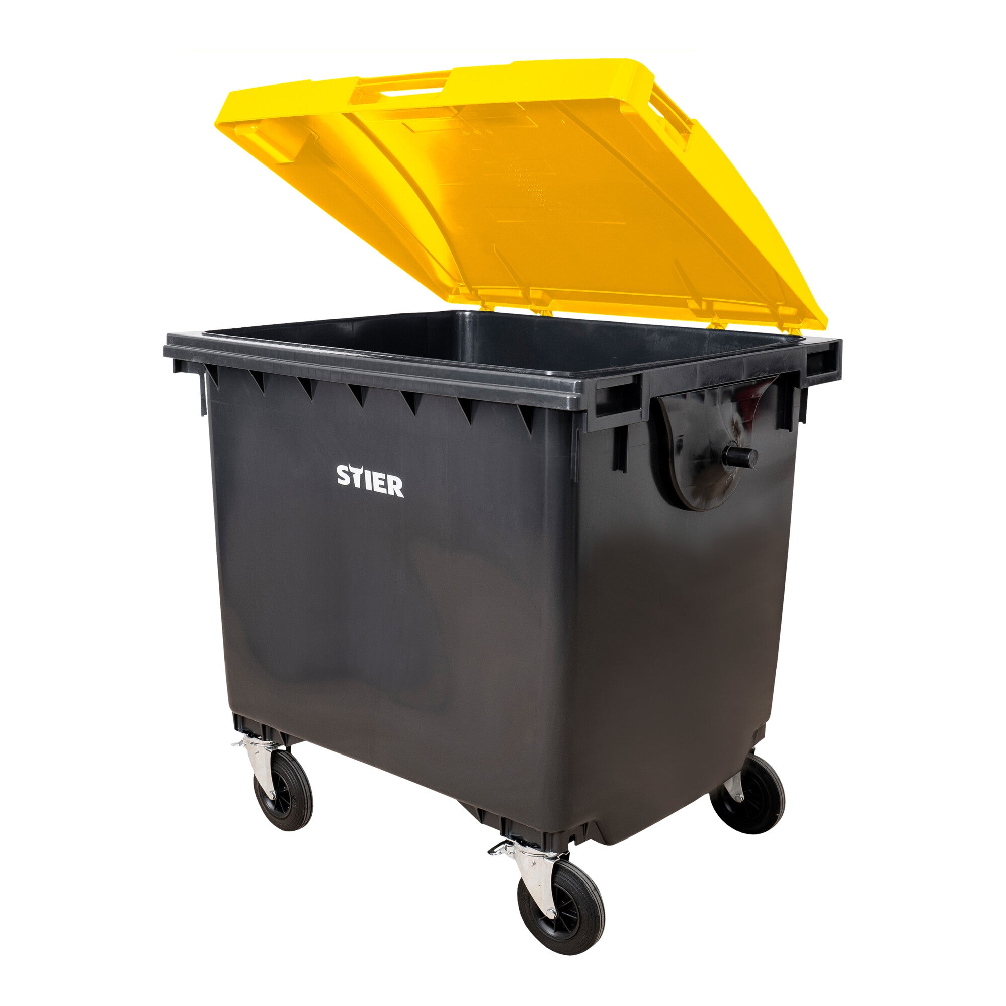STIER 4-Rad-Müllgroßbehälter | 660 l | grau/blau | Flachdeckel |BxTxH 137x76x122cm | 360° Schwenkrollen | DIN EN 840-1
