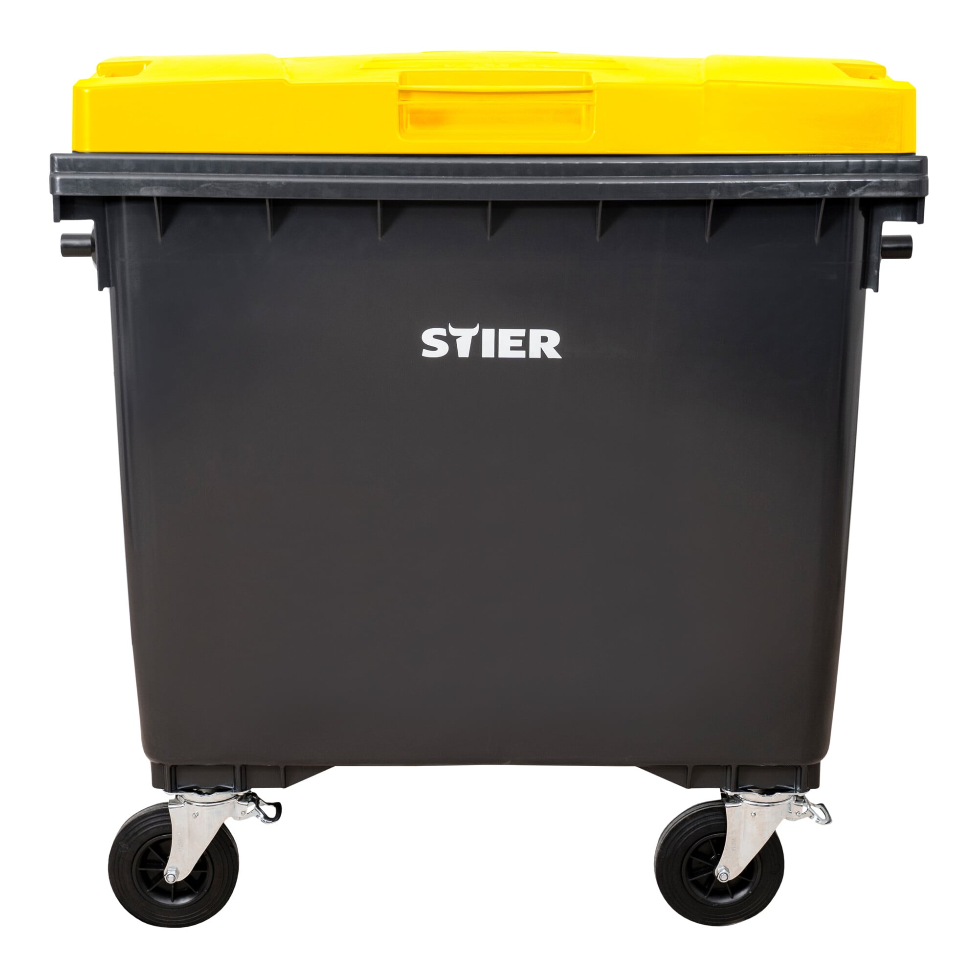 STIER 4-Rad-Müllgroßbehälter | 660 l | grau/blau | Flachdeckel |BxTxH 137x76x122cm | 360° Schwenkrollen | DIN EN 840-1