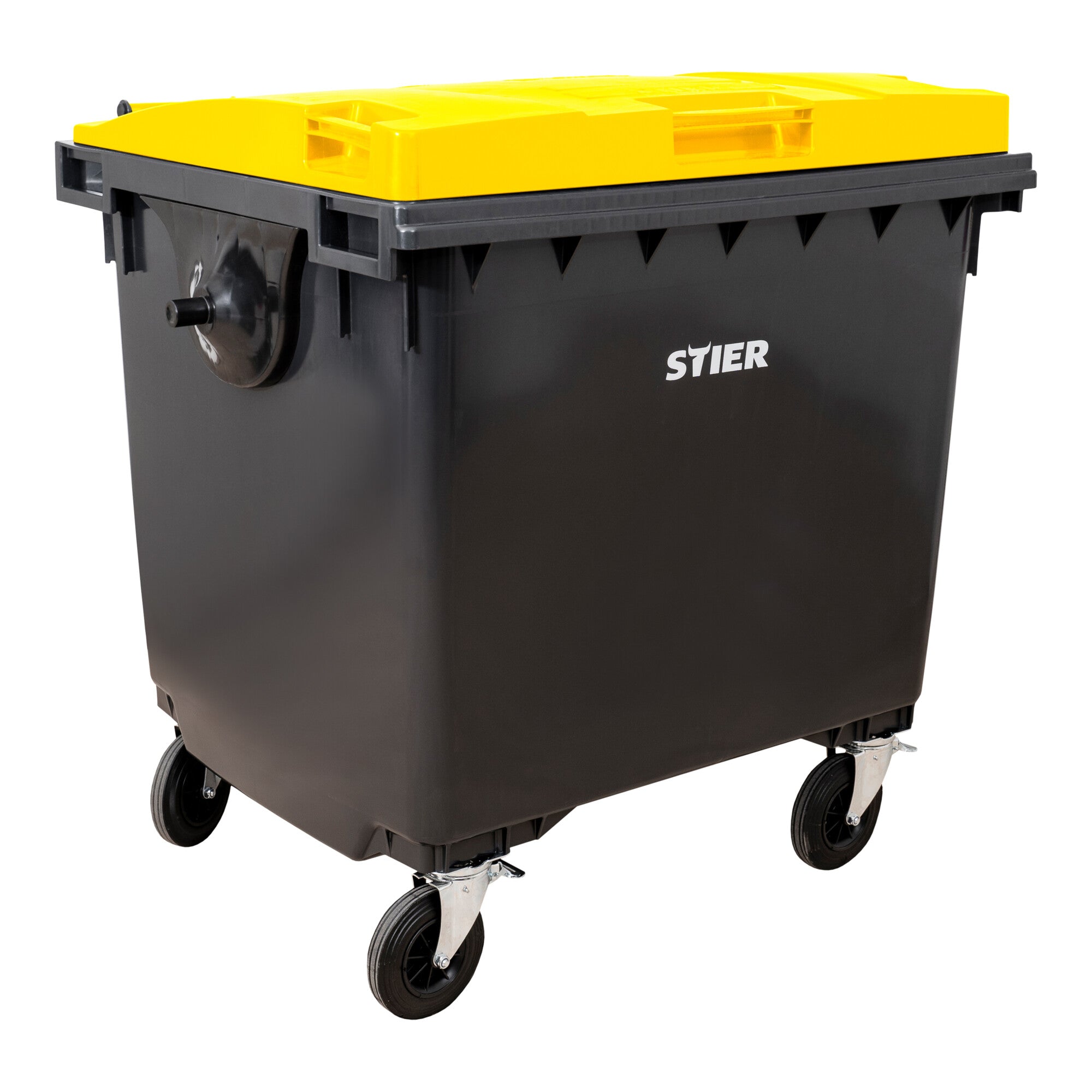 STIER 4-Rad-Müllgroßbehälter | 660 l | grau/blau | Flachdeckel |BxTxH 137x76x122cm | 360° Schwenkrollen | DIN EN 840-1