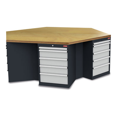STIER 6-Eck Werkbank Abmessungen 2500x2165x860 mm jeweils mit 5 Schubladen