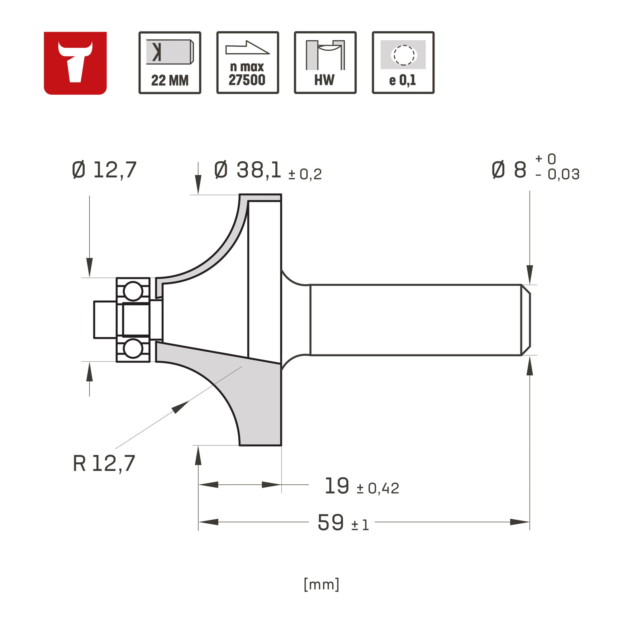 STIER Abrundfräser D38,1 x R12,7 x S8 mm HM (HW)