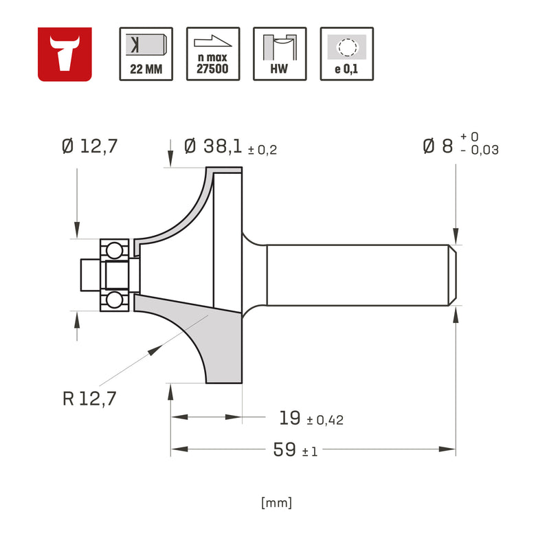 STIER Abrundfräser D38,1 x R12,7 x S8 mm HM (HW)