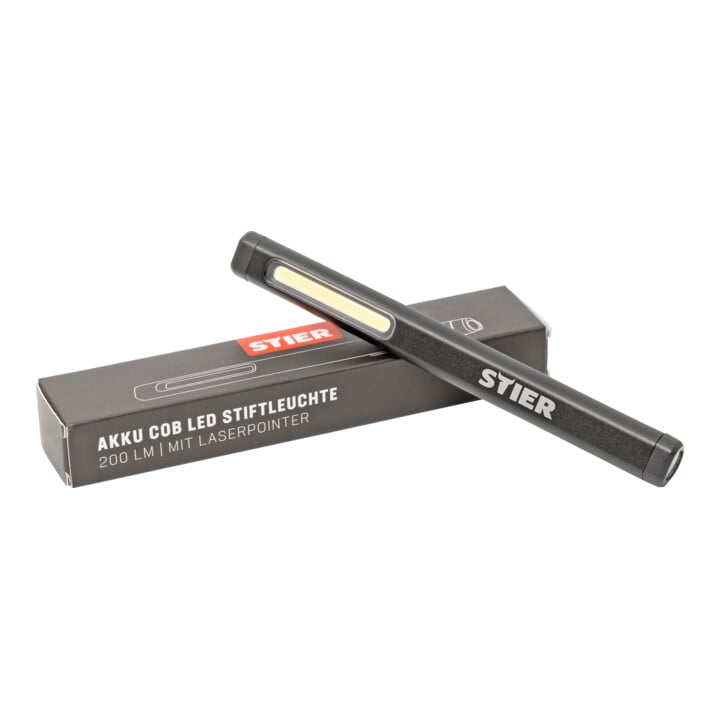 STIER Akku COB LED Stiftleuchte 200 Lumen 750 mAh Akku Aluminiumgehäuse USB Clip