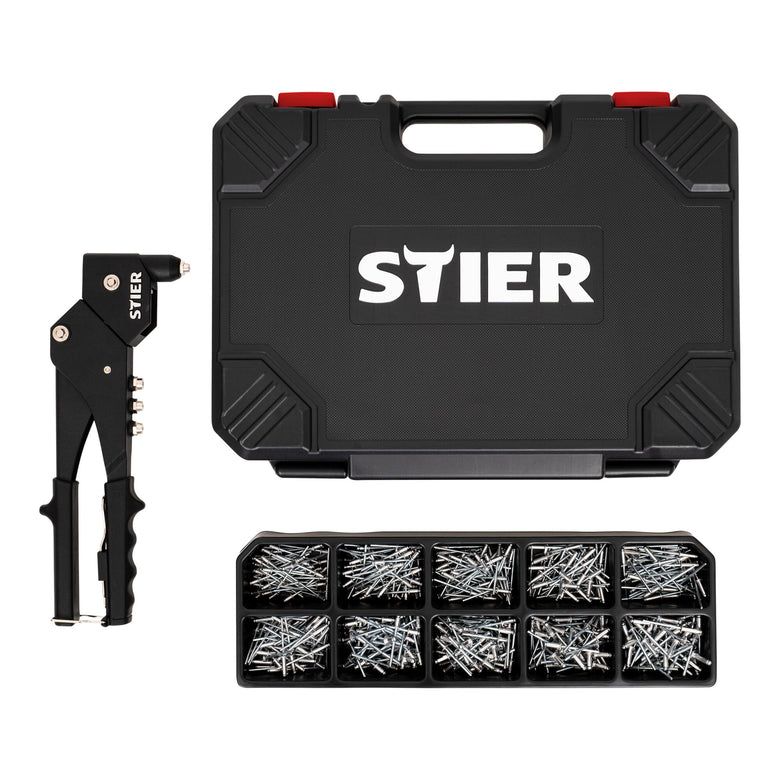 STIER Premium blind rivet set with 360° hand rivet pliers, 501 pieces, 500 blind rivets