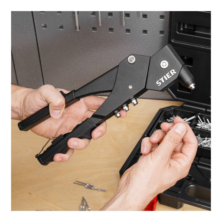 STIER Premium blind rivet set with 360° hand rivet pliers, 501 pieces, 500 blind rivets