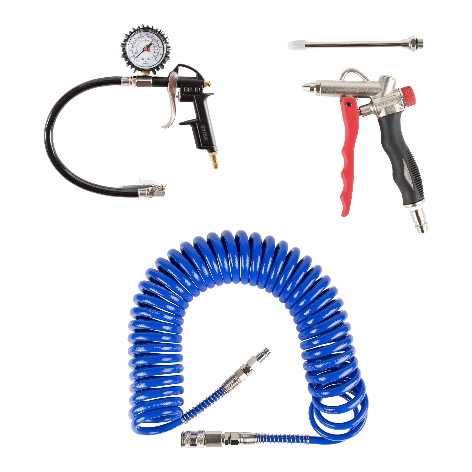 STIER compressed air set premium 3-piece tire pressure gauge spiral hose