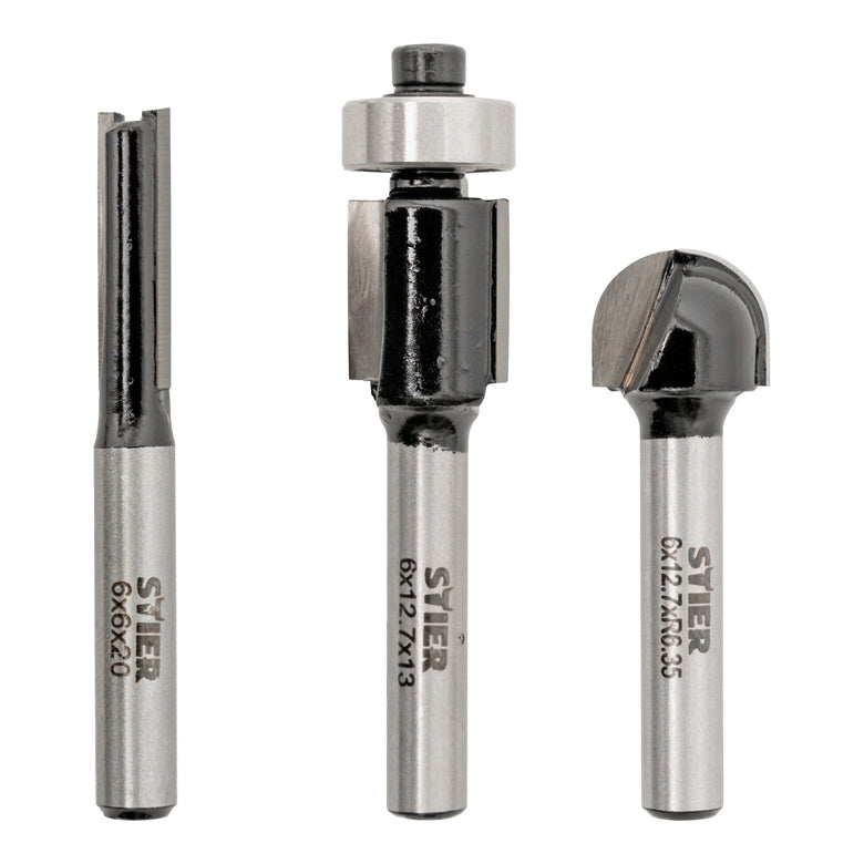 STIER milling cutter set 3-piece 6 mm shank groove cutter flush cutter round edge cutter