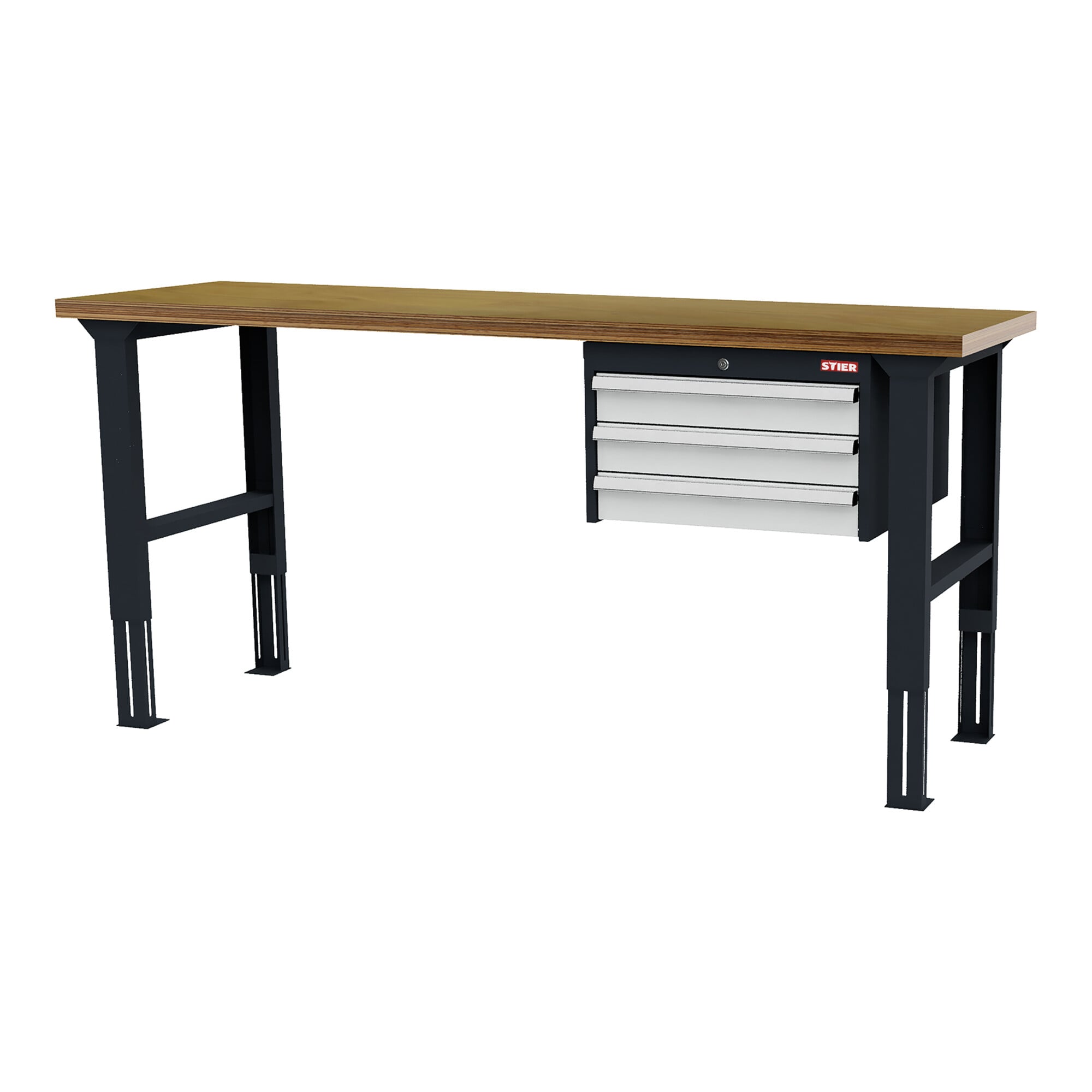STIER height-adjustable workbench with 3x100 mm drawers WxDxH 2000x600x760-1060