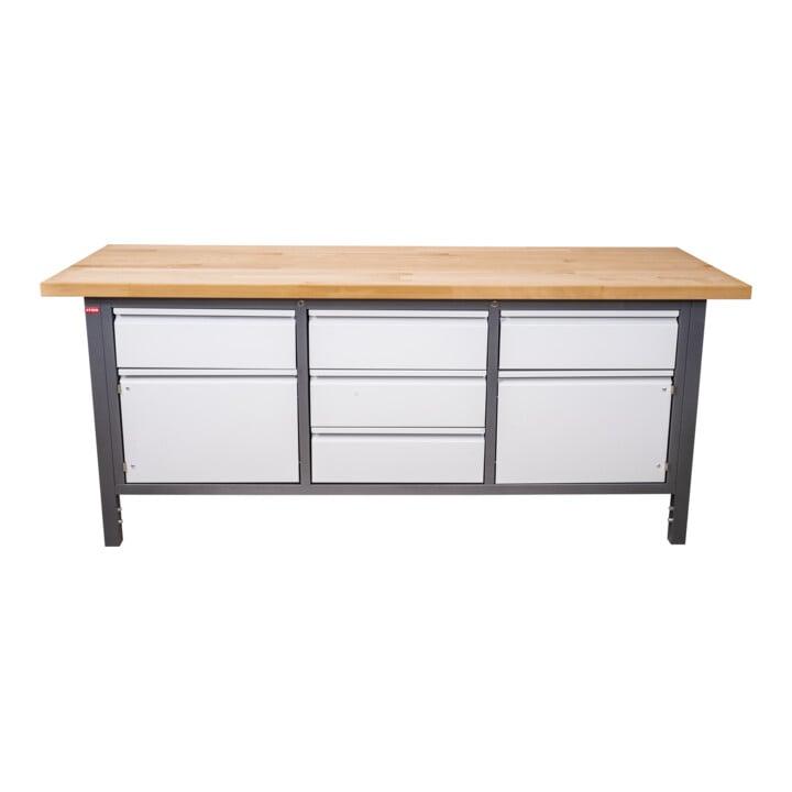 STIER Höhenverstellbare Werkbank Premium mit 2 Schubladen und 2 Flügeltüren BxTxH 1500x700x840-1040mm
