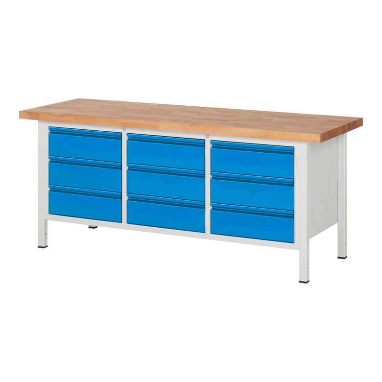 STIER Height-adjustable workbench Premium with 1 drawer WxDxH 1500x700x840-1040mm RAL 7035 / RAL 5012