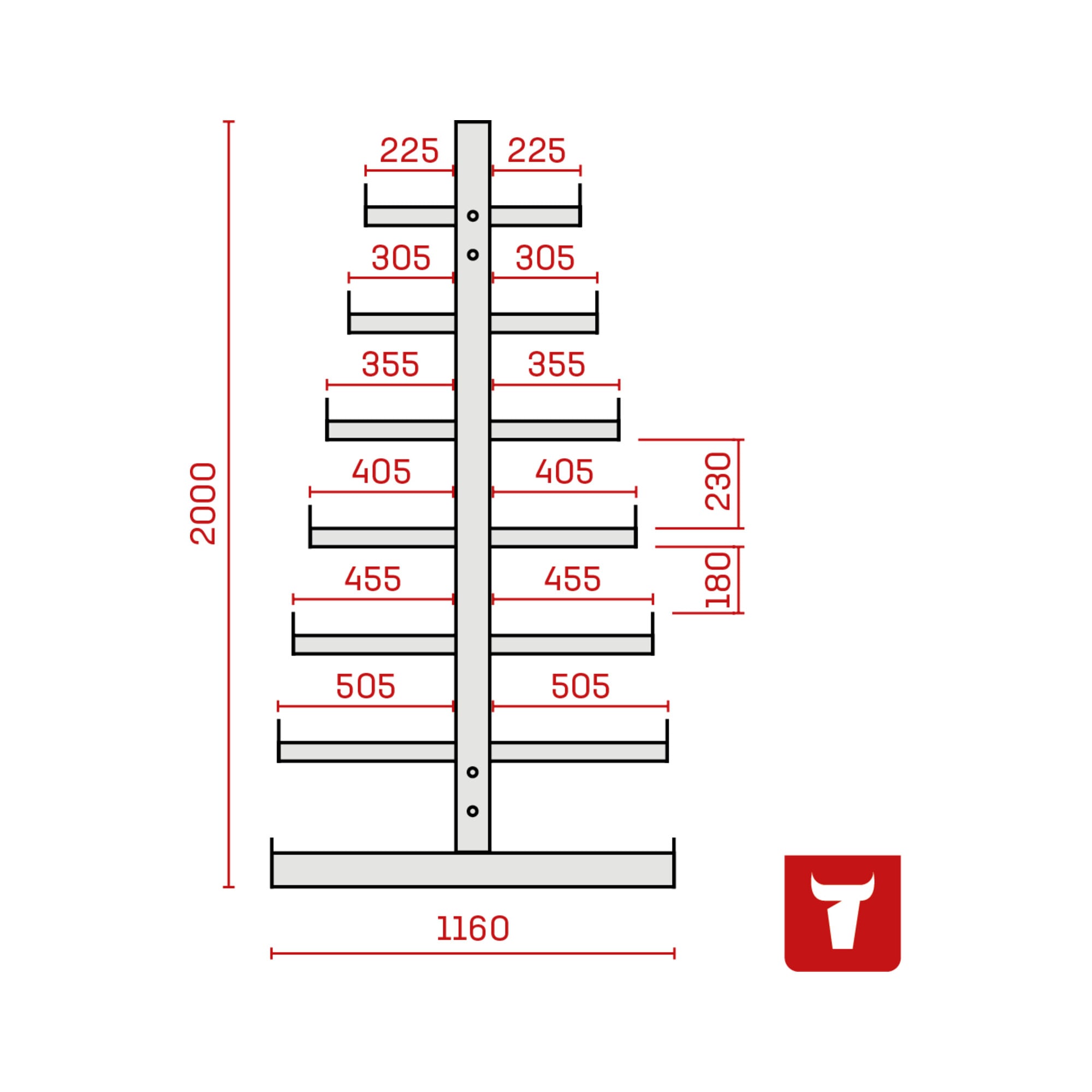 STIER Kragarmregal doppelseitig 1 Feld mit 6 absteigenden Ebenen 1300x2000x500mm feuerrot