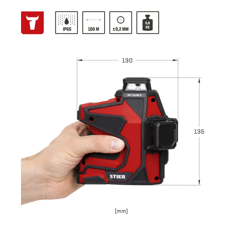 STIER cross line laser SKL 3x360°, 520nm, green, 1/4" and 5/8" thread in case