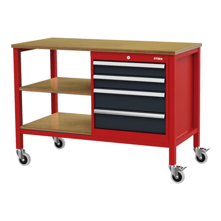 STIER Mobile workbench with 4 drawers and 2 wooden shelves WxDxH 1300x600x960 mm RAL 3020 / RAL 7016