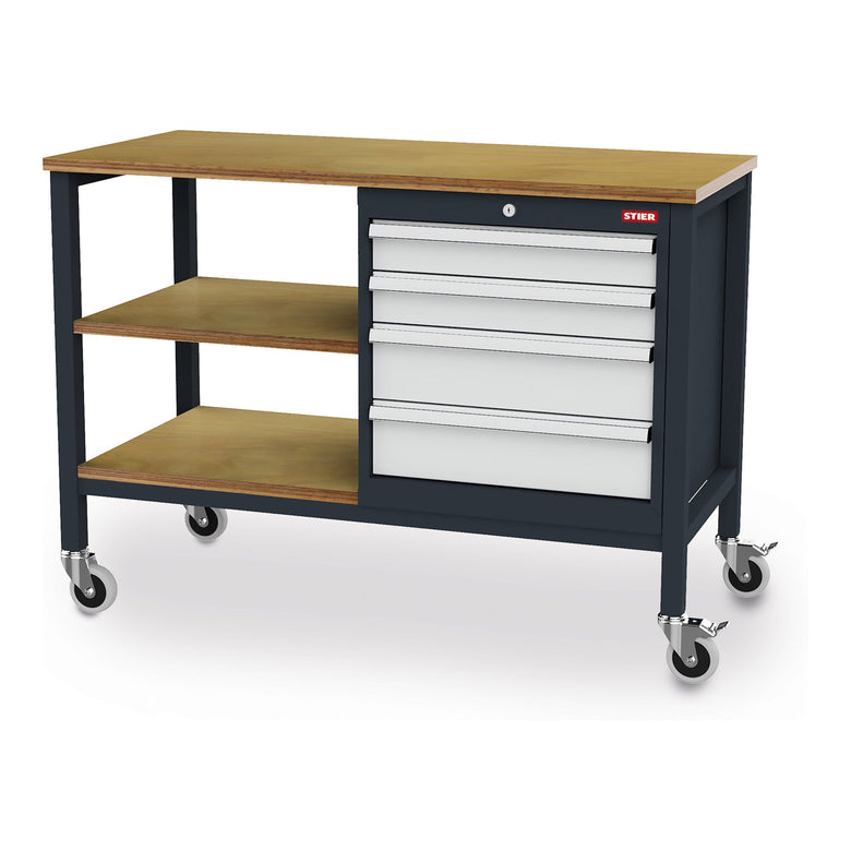 STIER Mobile Kastenwerkbank mit 4 Schubladen und 2 Holzfachböden BxTxH 1300x600x960 mm RAL 7016 / RAL 7035