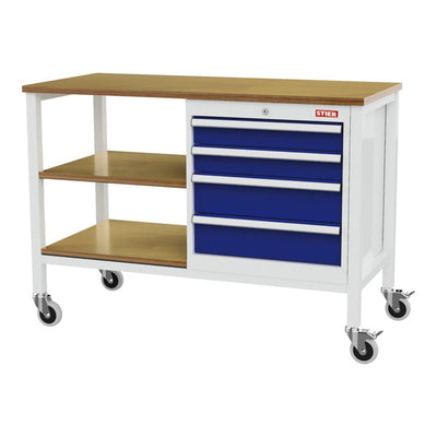 STIER Mobile workbench with 4 drawers and 2 wooden shelves WxDxH 1300x600x960 mm RAL 7035 / RAL 5010